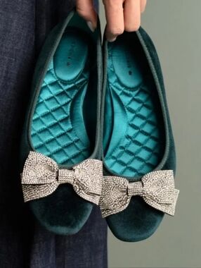 Birdies Teal Velvet Flats with Crystal Bow